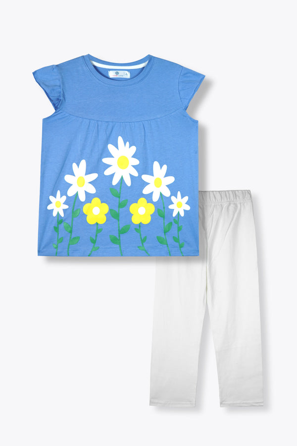 Girls' Blue Daisy Print Top & White Leggings Set – Blooming Style