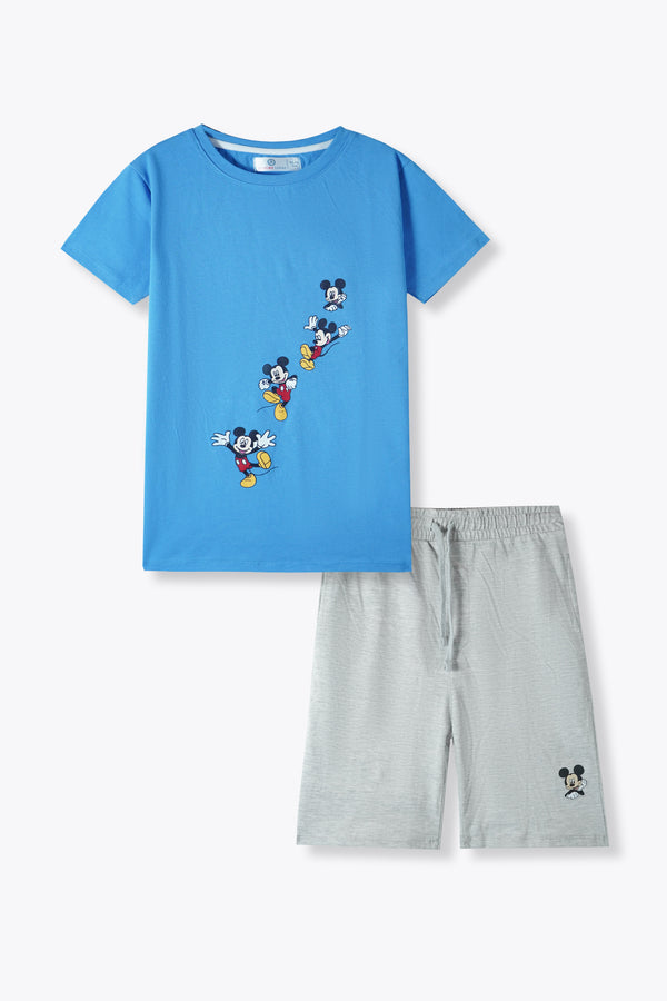Boys Mickey Mouse Blue T-Shirt & Grey Shorts Set