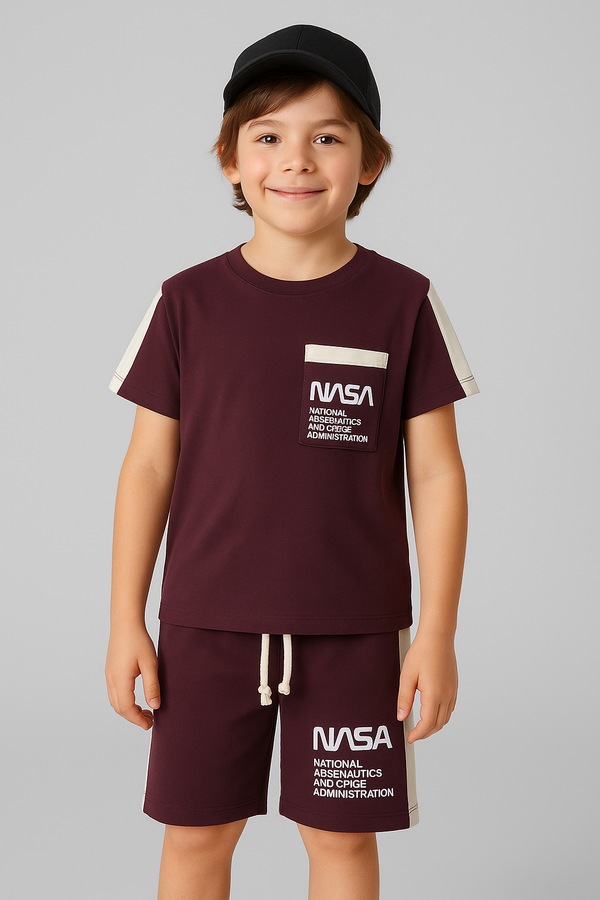 NASA-Inspired Kids' Outfit: Stylish Maroon T-Shirt and Shorts Set