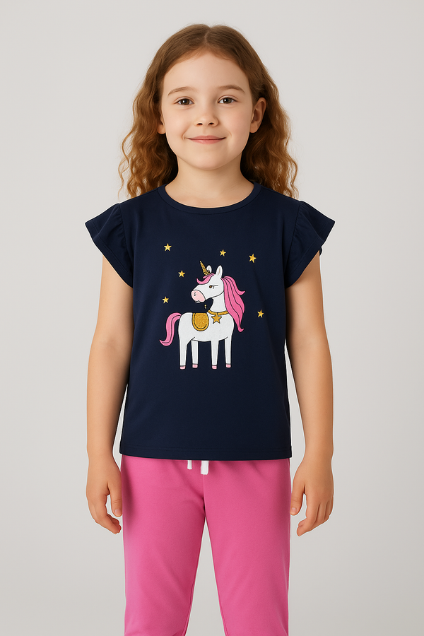 Girls Navy & Pink Unicorn Print Frill T-Shirt and Pajama Set
