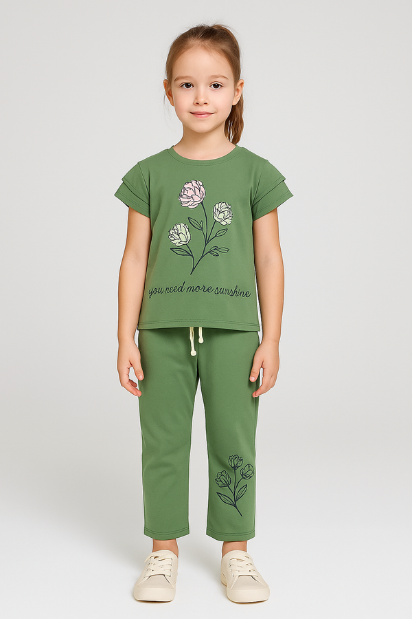 Girls Green Floral Print T-Shirt and Pajama Set