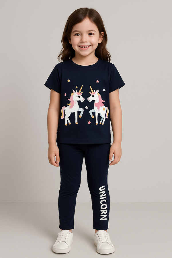 Girls Navy Blue Unicorn Print T-Shirt and Pajama Set