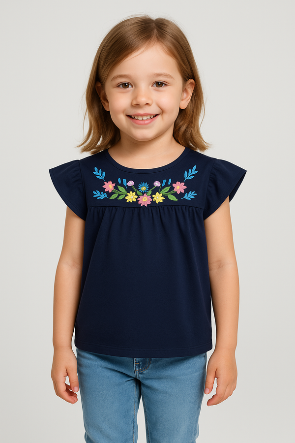 Navy Floral Embroidered Girls’ Top